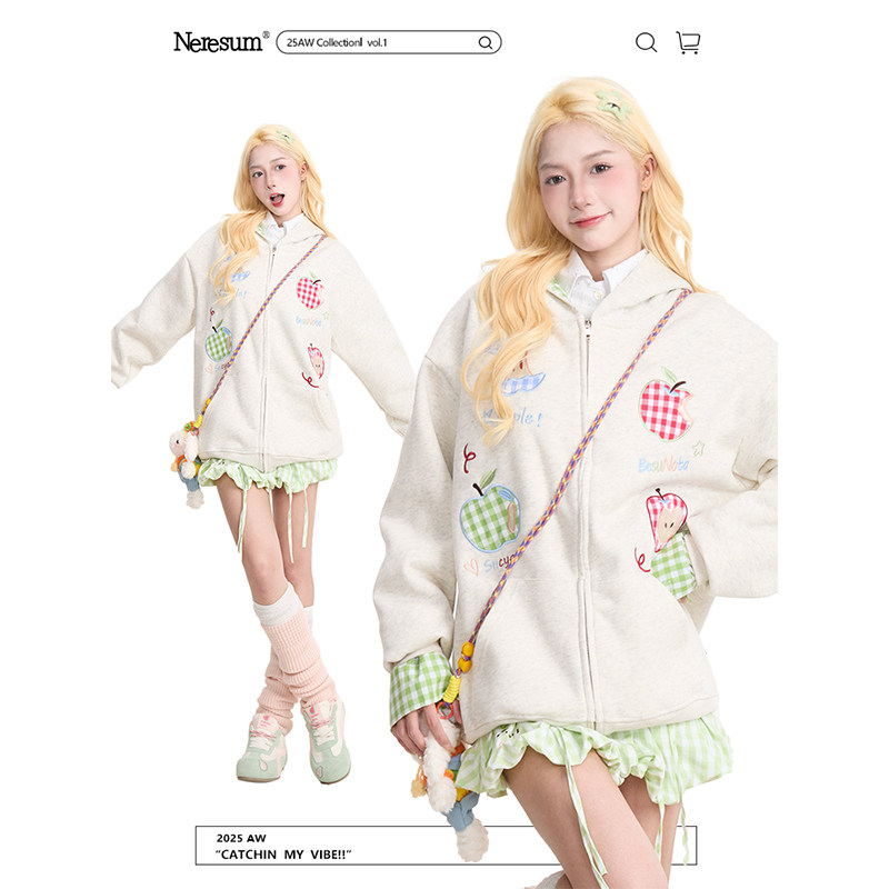 NERESUM苹果格纹拼接开衫卫衣