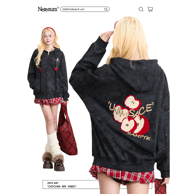 NERESUM苹果刺绣满天星开衫卫衣