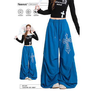 复古爵士舞秋冬加绒阔腿裤 NERESUM十字架印花弯刀伞兵裤 女美式