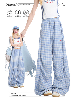 NERESUM蓝色格子休闲裤女宽松美式弯刀裤潮牌宽松直筒跳舞阔腿裤