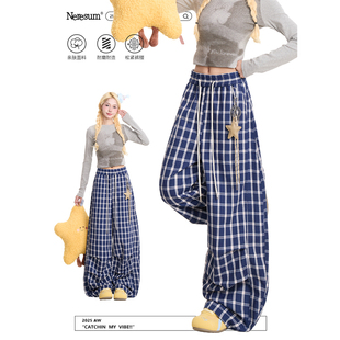 NERESUM格子裤女美式复古褶皱阔腿裤子慵懒宽松显瘦垂感直筒裤