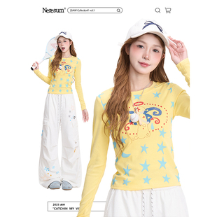 短款 T恤女辣妹风修身 显瘦打底上衣 天使星星印花长袖 NERESUM美式