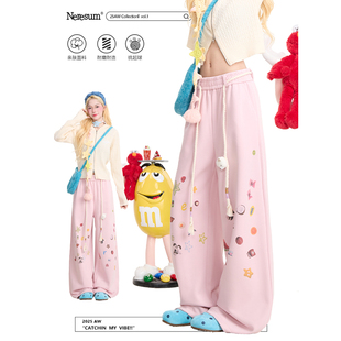 百搭直筒休闲裤 垂感宽松运动裤 子 女美式 NERESUM卡通贴纸印花卫裤