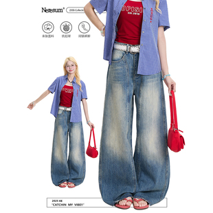 街头显瘦百搭裤 美式 子 女潮牌做旧阔腿裤 NERESUM蓝色复古牛仔裤