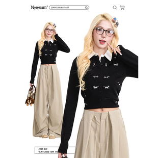 针织衫 NERESUM腊肠狗刺绣开衫 设计感软糯显瘦短款 美式 毛衣女秋季