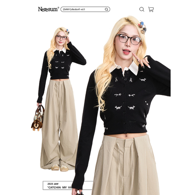 NERESUM腊肠狗刺绣开衫毛衣