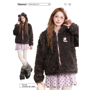 NERESUM小熊耳朵羊羔毛连帽棉衣女冬季毛茸茸加厚保暖棉服外套