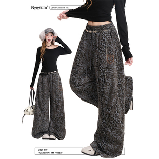 女潮牌街头辣妹宽松垂感阔腿休闲裤 NERESUM美式 复古刺绣豹纹卫裤