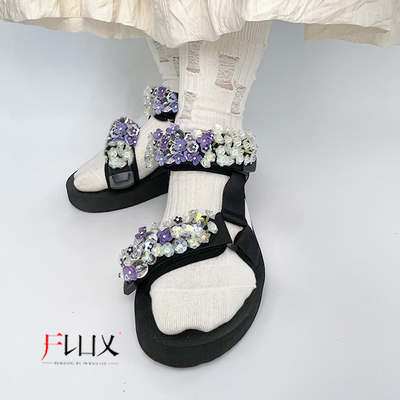 风流客 FLUX-紫绣球 手工法绣超轻厚底减震黑色可调节沙滩凉鞋