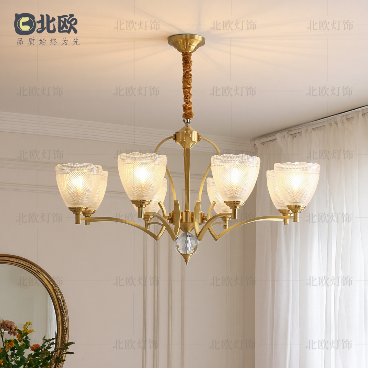 美式复古全铜吊灯艺术玻璃花灯罩法式轻奢书房客厅卧室餐厅水晶灯