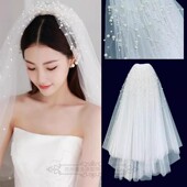 新娘钉珍珠主婚纱头纱领证高级感中长款 出嫁头饰白色求婚拍照道具