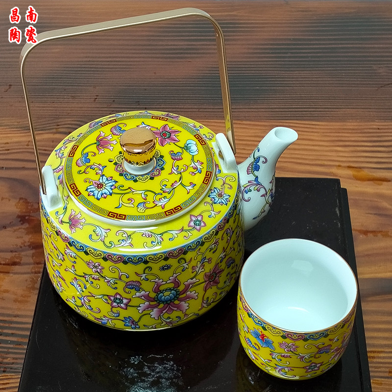 景德镇陶瓷单茶壶家用客厅办公用中式珐琅彩提梁壶茶具套装复古
