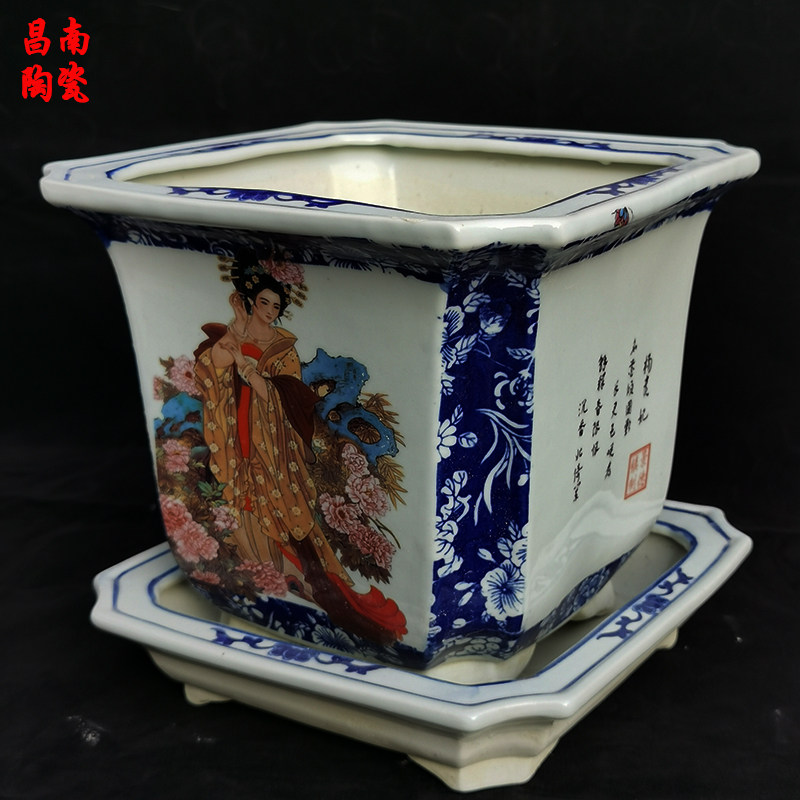 景德镇陶瓷花盆土栽盆客厅中式复古落地青花瓷室内古典美女