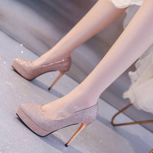 单鞋女2024年新款宴会礼服高跟鞋女细跟12CM防水台超高跟尖头婚鞋