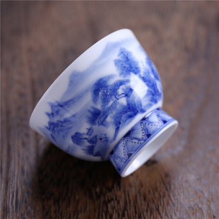 元水堂茶具 功夫小茶杯 青花瓷杯子 陶瓷高足品茗杯 手绘山水45ML
