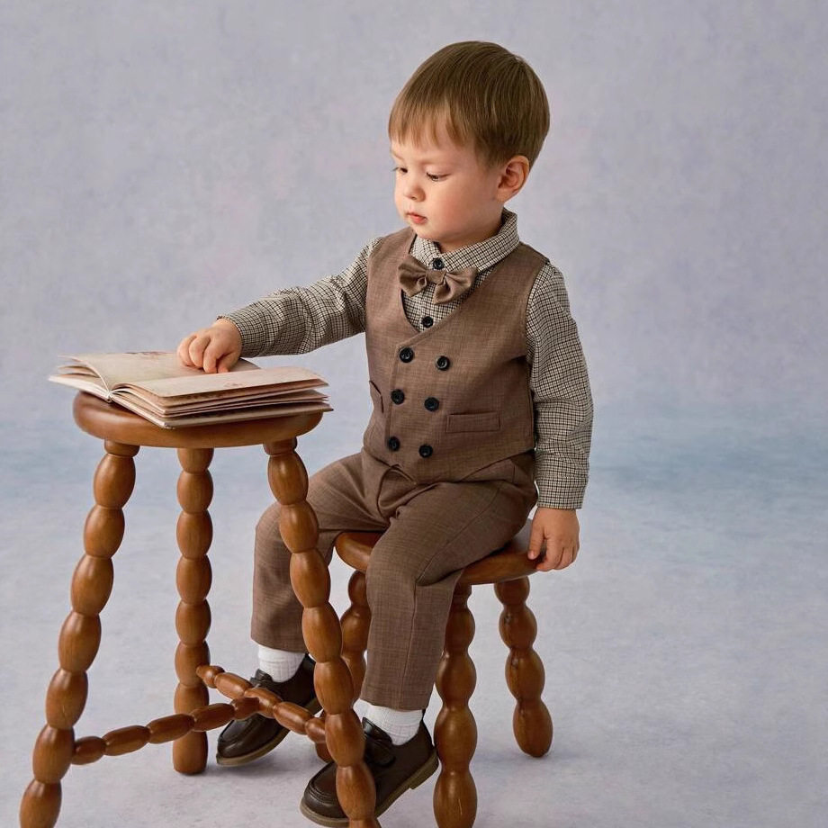 儿童英伦绅士礼服男童双排扣马甲格子长袖衬衣婚礼花童小西服套装