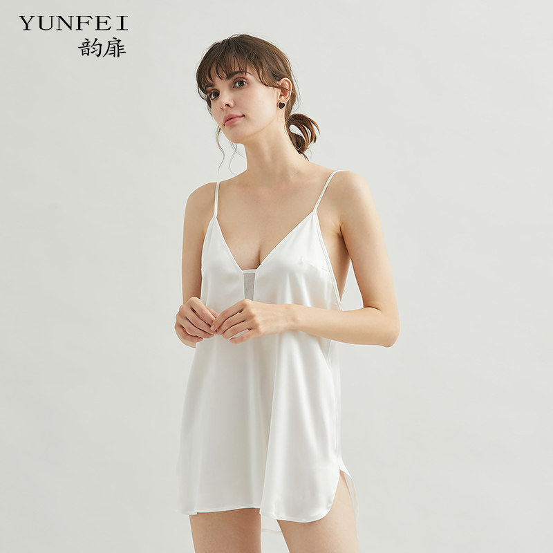 韵扉桑蚕丝性感睡衣女透明网纱真丝吊带睡裙薄款丝绸睡衣短款
