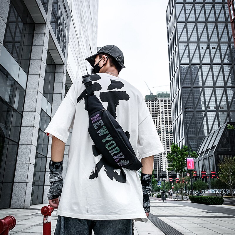 男士单肩斜挎包男ins腰包潮牌字母运动休闲牛津布斜跨胸包小背包