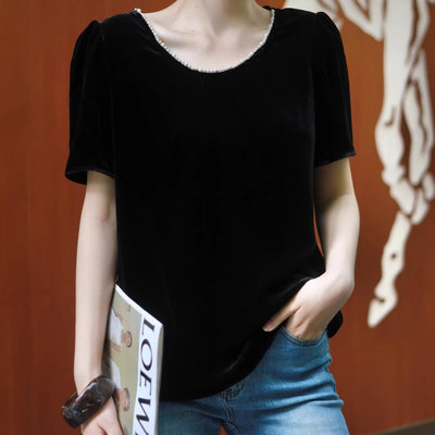 2025夏新款高端轻奢时尚后背蕾丝拼接钉珠圆领真丝丝绒短袖衬衫女