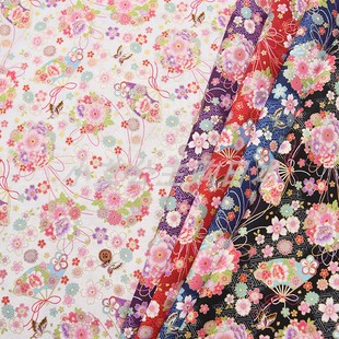 日本进口纯棉和风烫金蝴蝶恋花扇子惠安女头巾连衣裙衬衫服装面料
