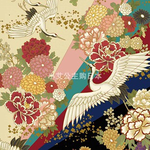 日本进口和风烫金仙鹤惠安女头巾纯棉百花缭乱连衣裙布艺服装面料
