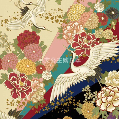 日本进口和风烫金仙鹤惠安女头巾纯棉百花缭乱连衣裙布艺服装面料