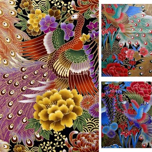 日本进口纯棉和风惠安女头巾烫金凤凰孔雀和彼岸花手作拼布艺面料