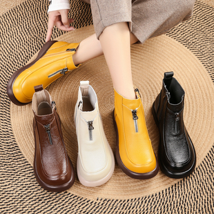 真皮妈妈短靴单靴子女平底防滑皮鞋 女冬中老年靴子老人马丁靴平跟