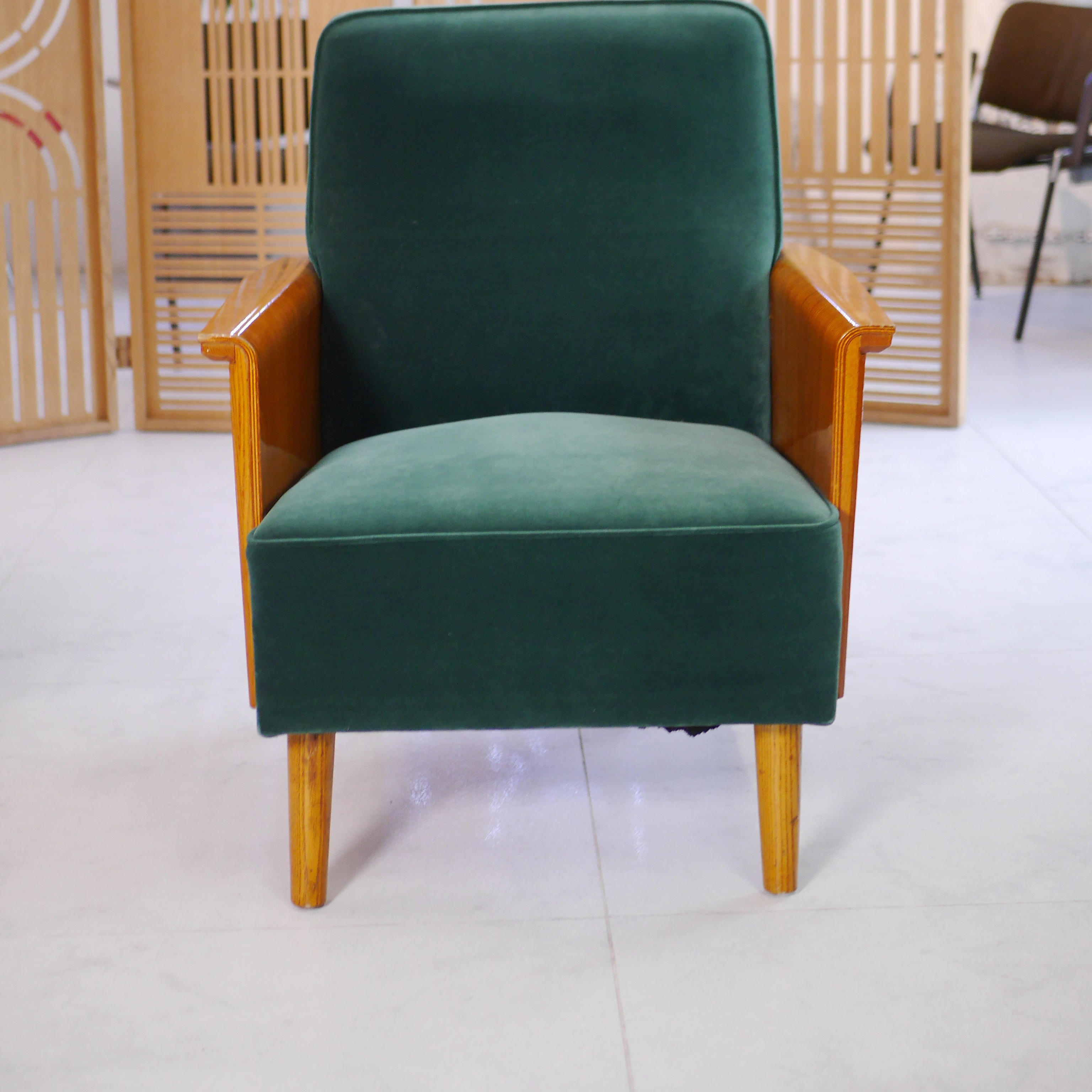 欧洲产中古Vintage60年代，绿色布艺木质扶手沙发