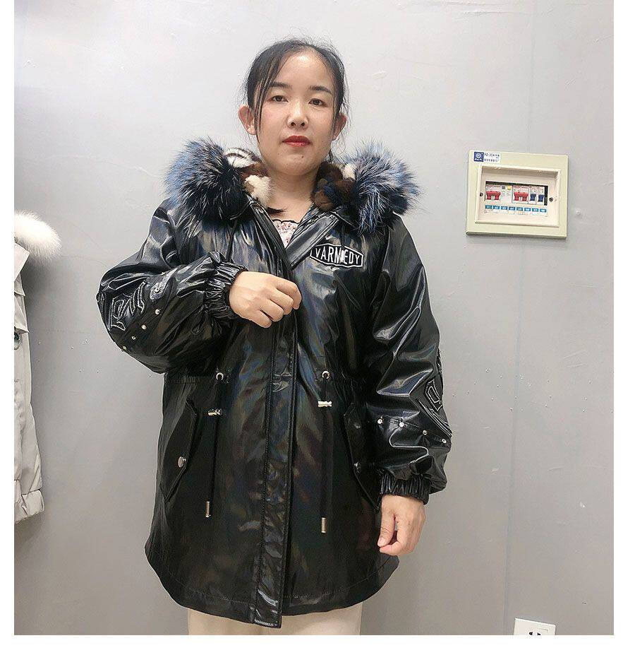 女款甜美韩版水洗皮炫彩皮重工外壳水貂毛派克服连帽短款