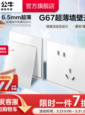 公牛蝶翼超薄II插座旗舰开关插座磨砂玻璃面板五孔10A暮雪白G67