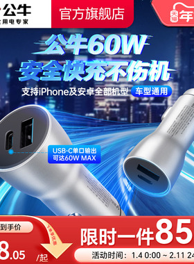 公牛车载充电器超级快充苹果17/16汽车充点烟器60W一拖二转换插头