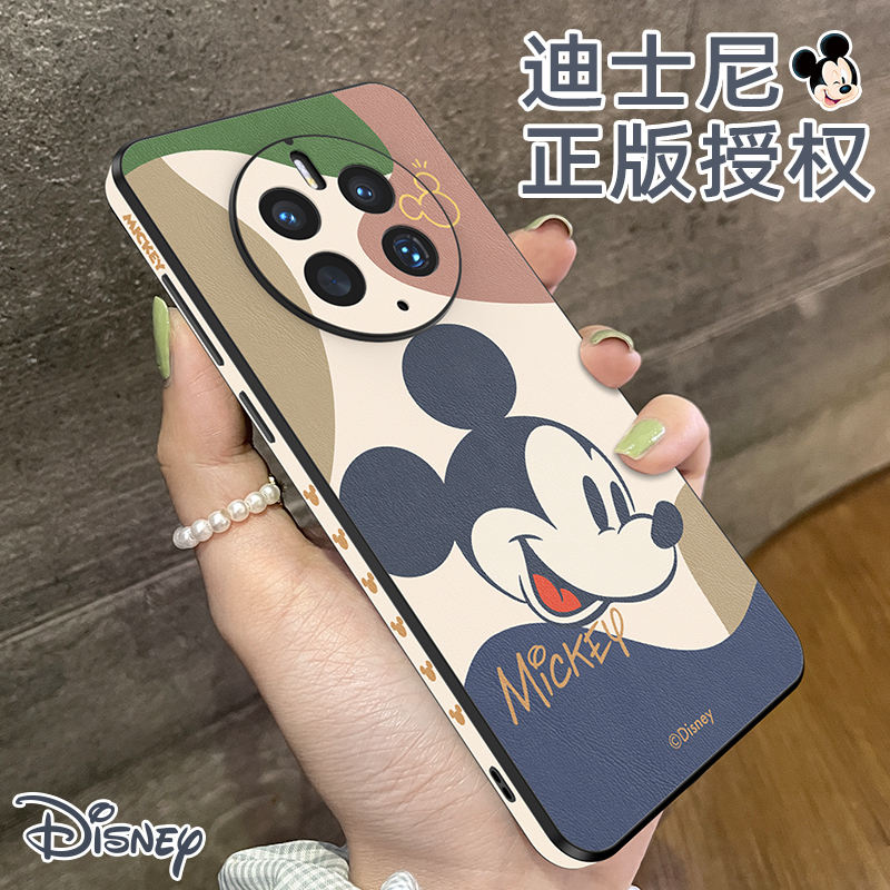 迪士尼正版适用华为mate60pro手机壳皮质mt50新款mate40E系列m30高级感PRO+全包防摔POR男款镜头全包女小羊皮