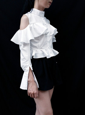 春夏欧洲站显高瘦荷叶淑女花边褶皱露肩长袖衬衫小个子胖M可定