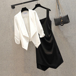 胖mm洋气遮肚显瘦雪纺小西装外套内搭吊带连衣裙套装裙女春夏大码