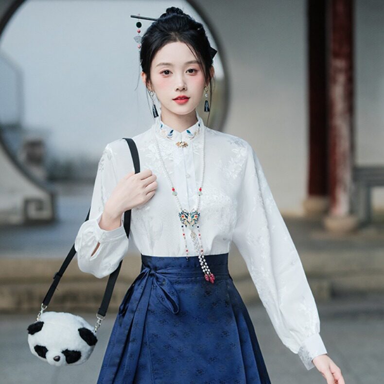 TOPS HORSE-FACED SKIRTS SPRING AND AUTUMN MODIFIED HANFU SHIRTS LONG-SLEEVED NEW CHINESE NATIONAL STYLE WOMENS PLACKET STAND-UP COLLAR SHIRTS