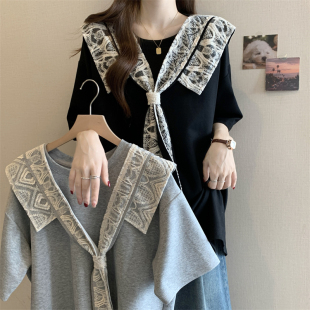 假两件蕾丝披肩正肩短袖T恤女2025夏大码胖mm中长款大版洋气上衣