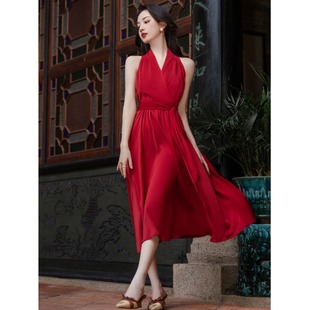 挂脖连衣裙夏小个子红色长裙新娘晨袍礼服复古港风女装吊带红裙子