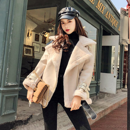 韩国秋冬新款翻领加厚麂皮绒皮毛一体短外套女鹿皮绒羊羔毛机车服