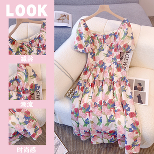 法式油画裙方领碎花连衣裙女夏日大码胖mm收腰显瘦长裙多巴胺裙子