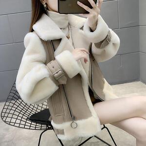 大码女装羊羔皮衣一体2023年秋冬新款胖妹妹短款加厚冬季棉袄外套