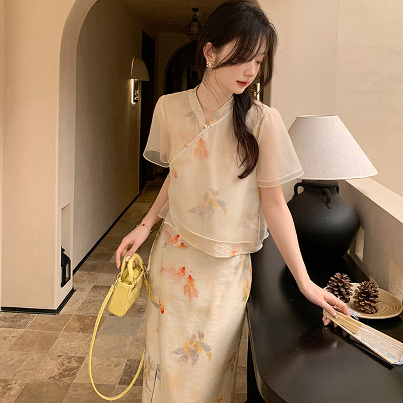 新中式国风两件套装禅意茶服改良汉服旗袍女装汉元素碎花连衣裙夏