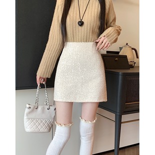 大码法式白色小香风半身裙秋冬新款小个子粗花毛呢A字包臀短裙子