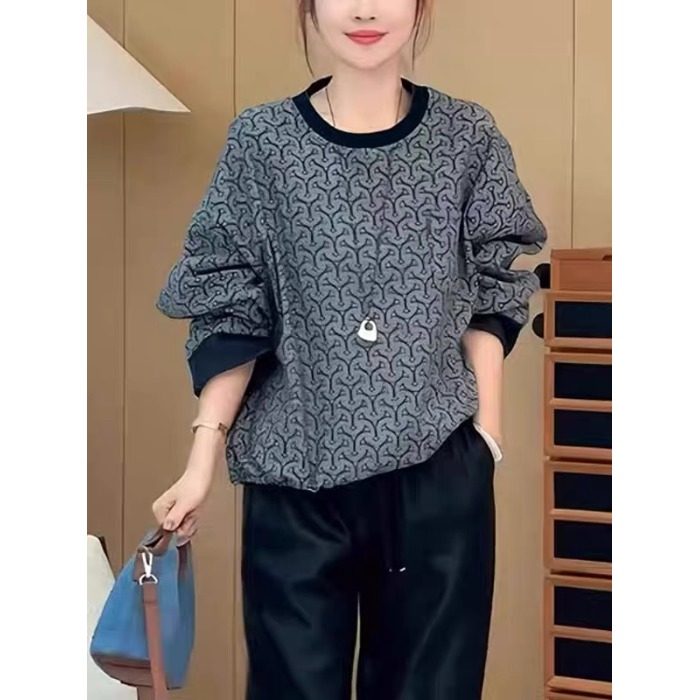 大码复古老钱风撞色圆领长袖t恤女早秋新款胖mm宽松显瘦小众上衣