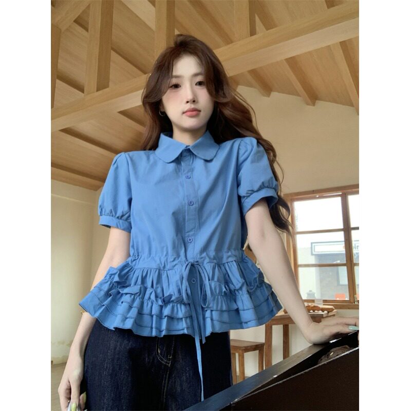 蓝色娃娃领正肩短袖衬衫女2025夏大码胖mm高级感花边下摆收腰上衣