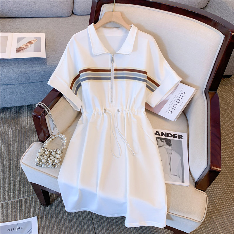 拉链polo领短袖抽绳收腰连衣裙女夏大码胖mm气质遮肚子显瘦A字裙