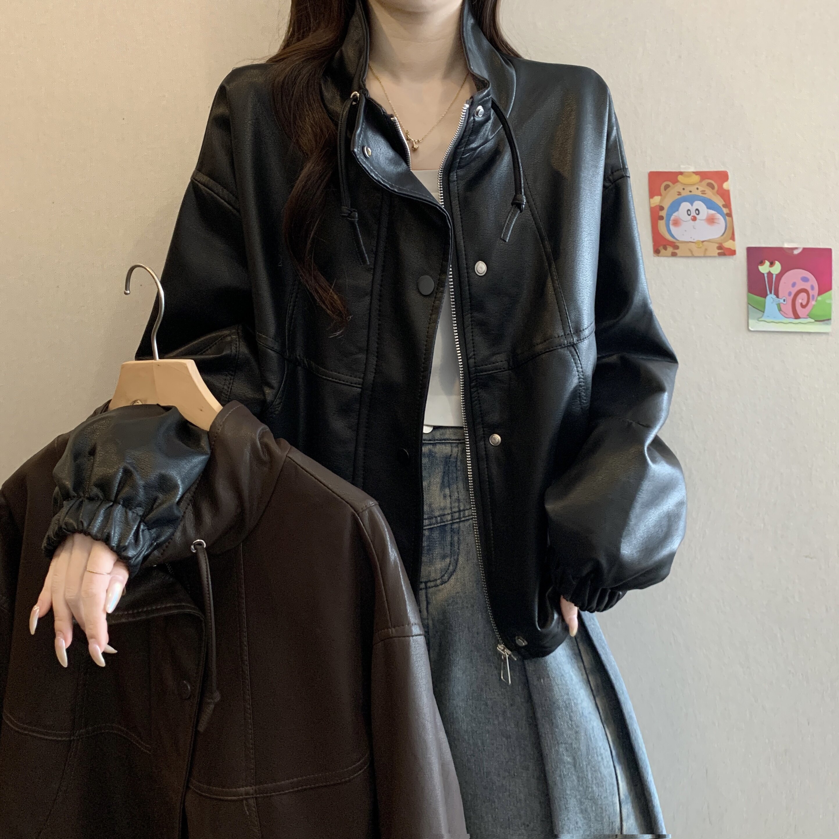 美拉德皮衣外套女2025新款秋季大码胖mm气质独特正肩直筒夹克上衣