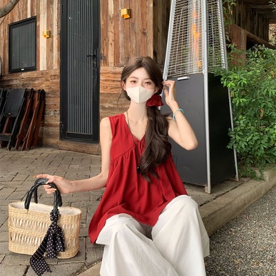 韩系V领宽松衬衫上衣带头花