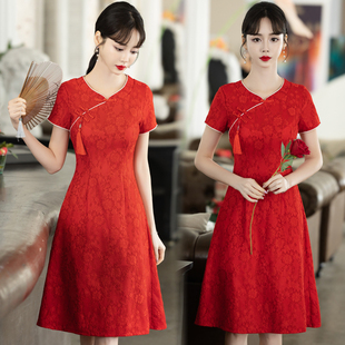 大码女装夏季新款红色V领旗袍裙年轻款新中式国风低领改良连衣裙