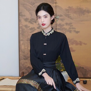 配马面裙的上衣国风长袖黑色对襟立领衬衫古风汉服新中式衬衣女款